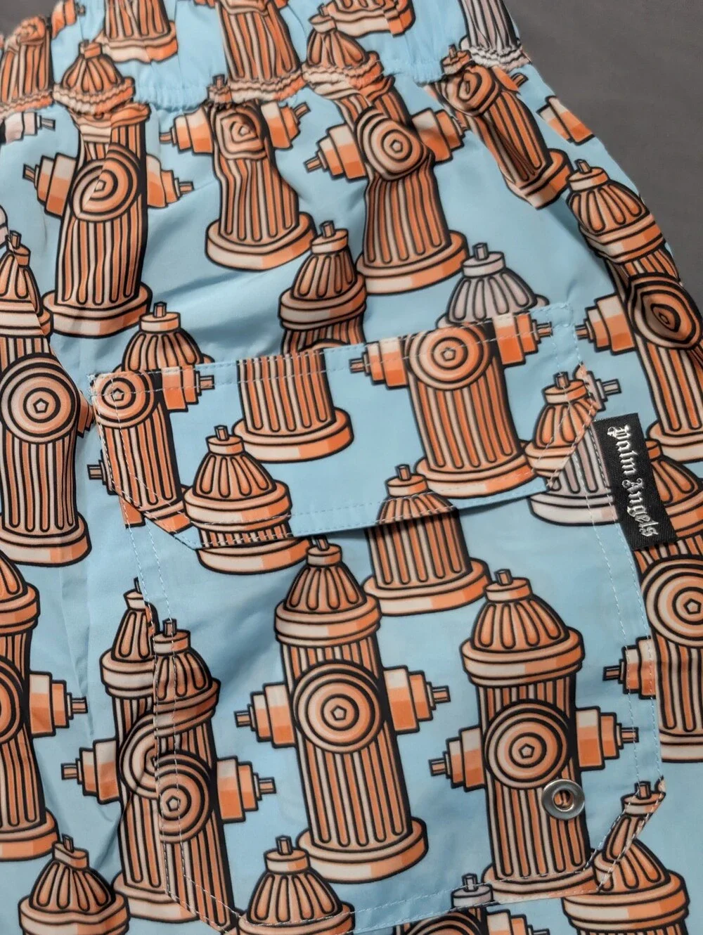 Palm Angels Aqua & Orange Architectural Fire hydrant Print Swim Shorts